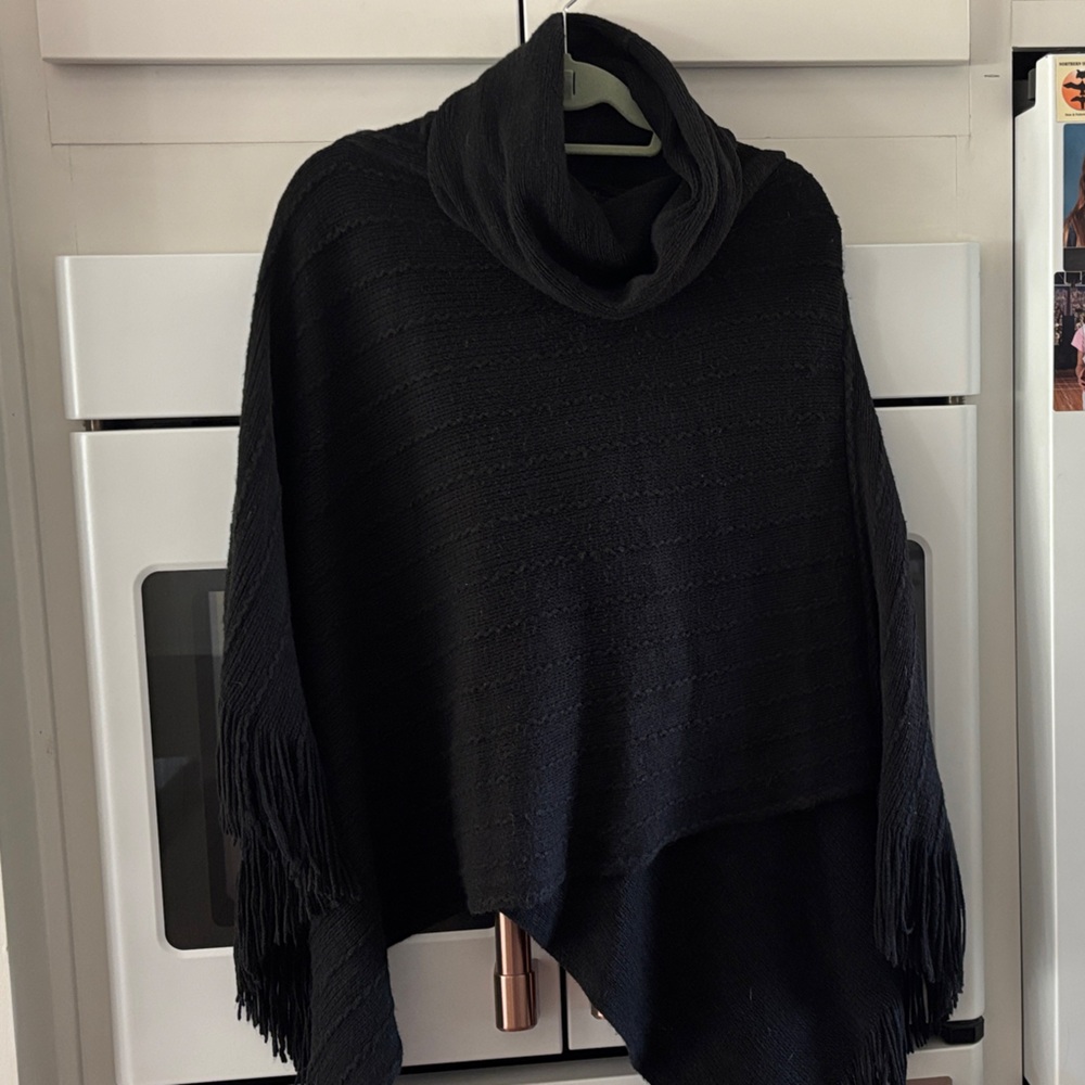 Black Fringe Turtleneck Sweater Cape style